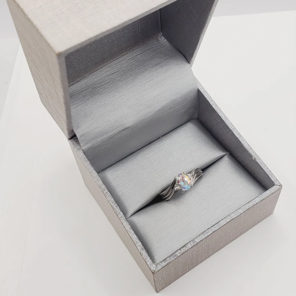 10K Solid White Gold Oval Mercury Mystic Topaz Ring